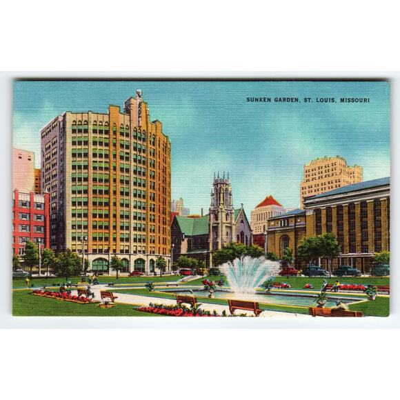 Vintage Linen Postcard Sunken Garden St. Louis Missouri 1940s - Picture 1 of 2